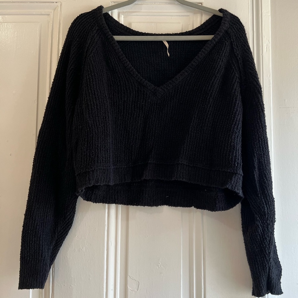 Free People Black V Neck Pullover Sweater in Black Size S